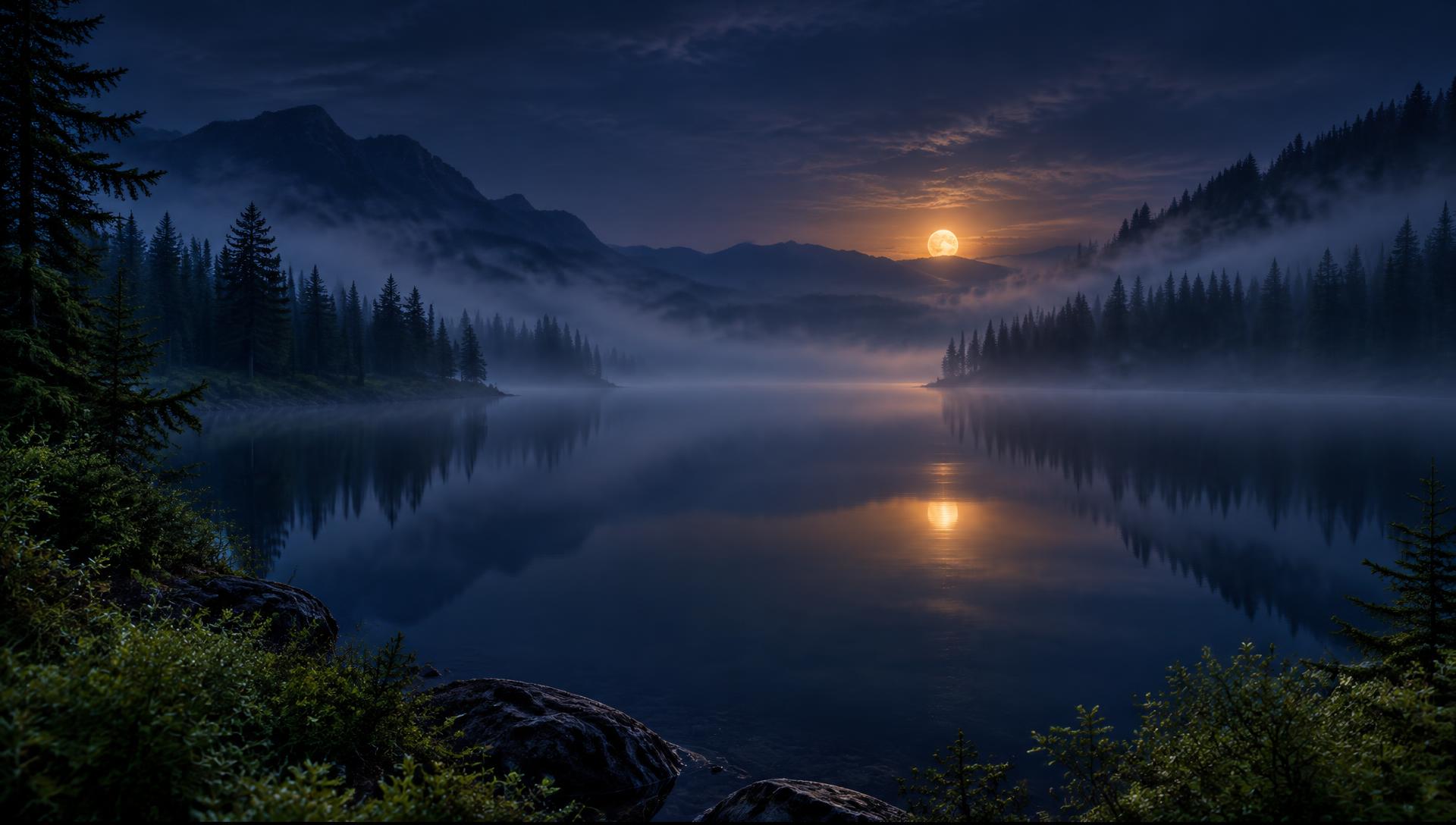 Moonlight over a misty forest lake
